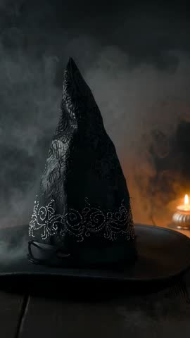 Vertical video flickering candle curling smoke around ornate wizard hat on wooden table