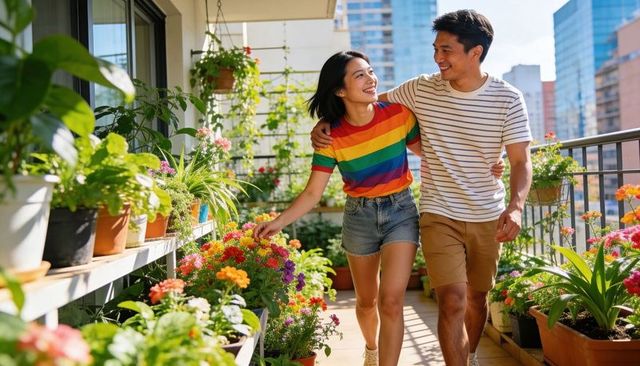 Happy asian couple walking on sunlit urban balcony garden with colorful potted flowers