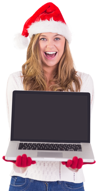 Transparent smiling woman wearing Santa hat holding laptop displaying blank screen - Download Free Stock Videos Pikwizard.com