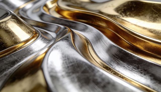 Brushed gold and silver curved metal ridges close-up luxury abstract metallic texture macro