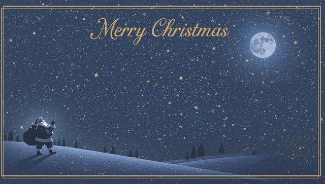 Santa Walking on Snowy Hill Carrying Sack Under Moonlit Starry Sky Golden Merry Christmas