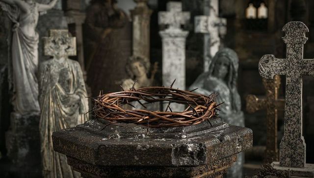 Resting crown of thorns on weathered stone pedestal in churchyard with lichen crosses