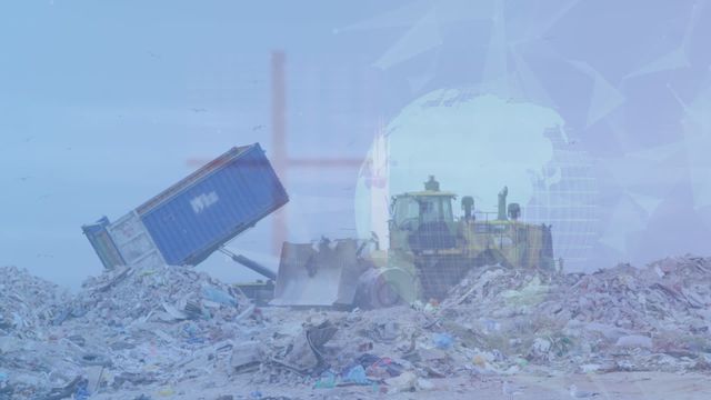 Video showcases a landfill with a bulldozer processing waste while a digital overlay of global data processing emphasizes the importance of modern technology in waste management and recycling. Useful for environmental awareness campaigns, publications on sustainability solutions, and emerging technologies in waste management.