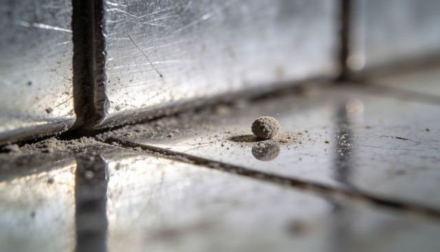 Dust pellet resting on glossy tile reflecting near grout seam macro minimalist closeup