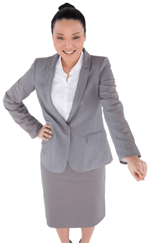 Transparent smiling asian businesswoman pointing with right hand
