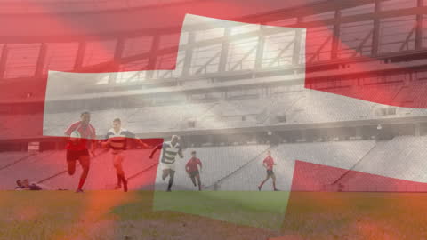 Swiss Flag Overlapping Rugby Players in Action at Stadium