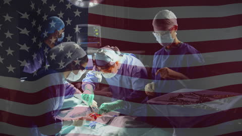 Diverse Surgical Team with USA Flag Overlay in Operating Room