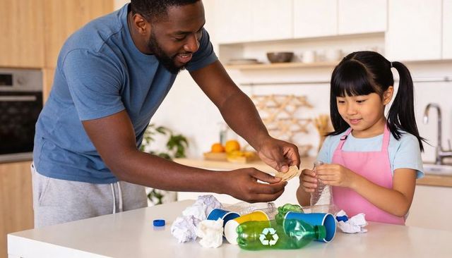 Father and daughter sorting recyclables in kitchen teaching sustainable habits