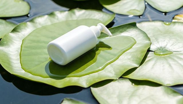 Minimal white pump bottle resting on lily pad with water droplets for skincare branding