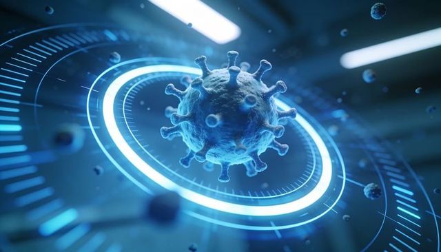 Rotating holographic virus orb with hud rings for futuristic medical and tech visuals