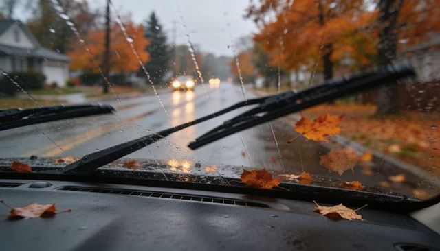 Windshield wipers sweeping raindrops and maple leaves on rainy suburban street at dusk