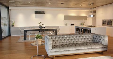 Contemporary open plan kitchen and living area with elegant gray sofa