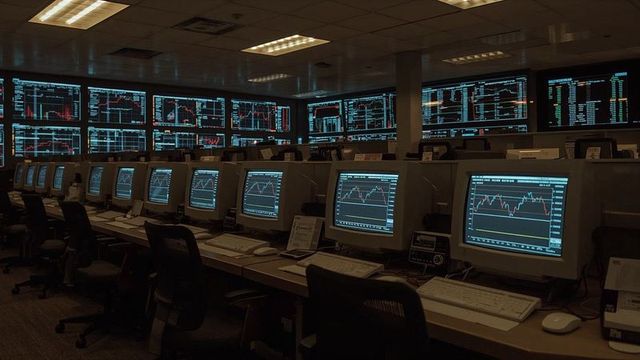 Vintage trading floor with crt monitors and stock charts