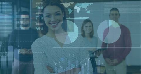 Team Collaborating on Digital Data Visualizations with Futuristic Interface