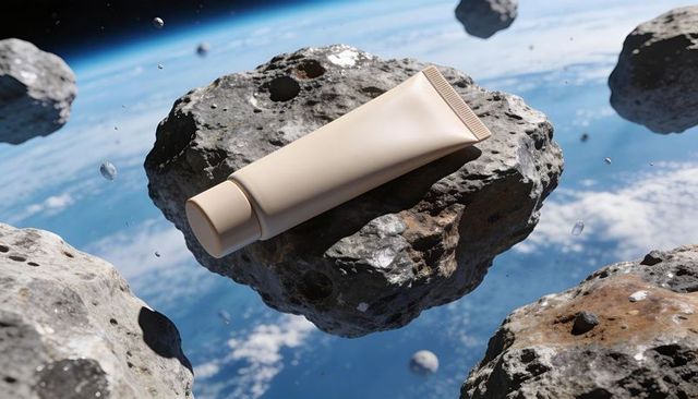Beige cosmetic tube resting on asteroid floating above earth horizon product mockup space