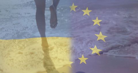 Blending of Ukraine and EU Flags on Breathtaking Beach Waters