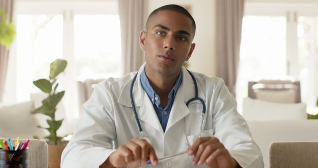 Young Doctor in Lab Coat with Stethoscope Sitting in Modern Office - Download Free Stock Images Pikwizard.com