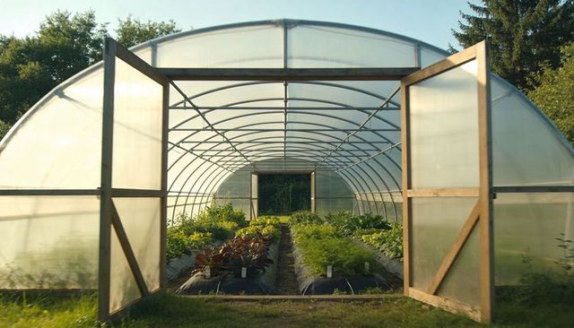 Open wooden-door polytunnel greenhouse revealing raised beds with lush vegetable rows