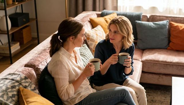 Two women sharing coffee and intimate conversation on plush sofa in sunlit living room