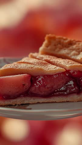 Vertical video focusing on slice of fruit tart with glossy red filling on plate