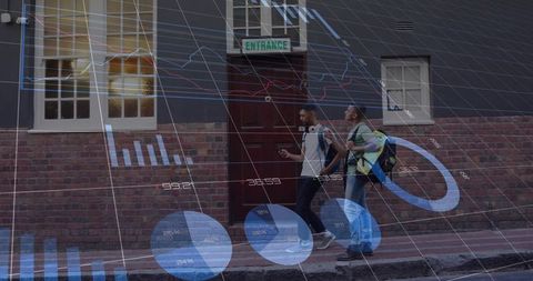 Young men walking urban street with futuristic data visualization overlay