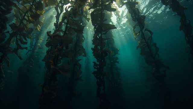 Swaying giant kelp forest near surface with sunbeams piercing turquoise water