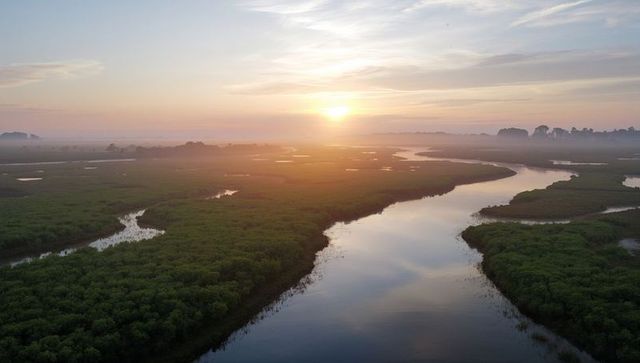 Golden sunrise reflecting on winding estuary through misty tidal marsh aerial landscape