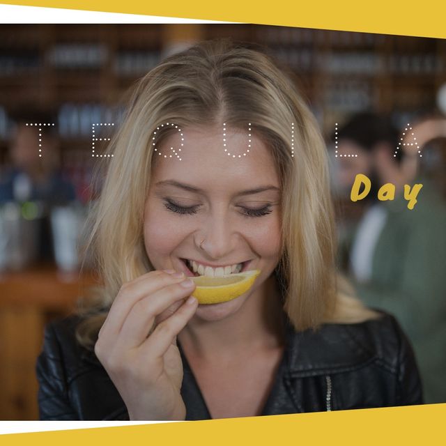 Digital composite of caucasian happy young woman eating lemon slice in bar and tequila day text. tequila, alcohol, drink and celebration concept.