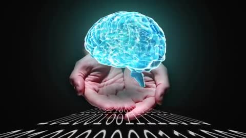 Hands Holding Digital Brain with Flowing Binary Code