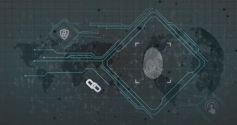 Displaying fingerprint scanner securing global network map with cyan circuit hex frame