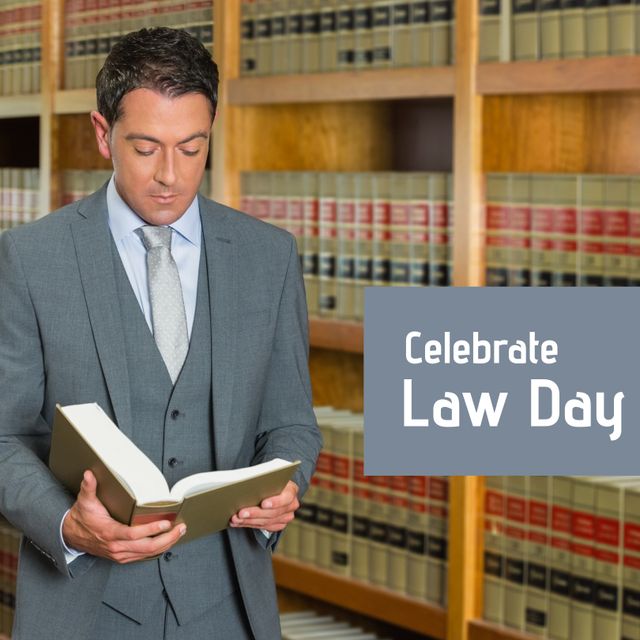 This image highlights Law Day with a professional lawyer reading a book in a law library. Ideal for legal firms, education on law-related topics, promotions for legal events, or articles discussing law and legal matters.