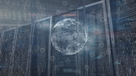 Digital Globe Overlay in Futuristic Server Room