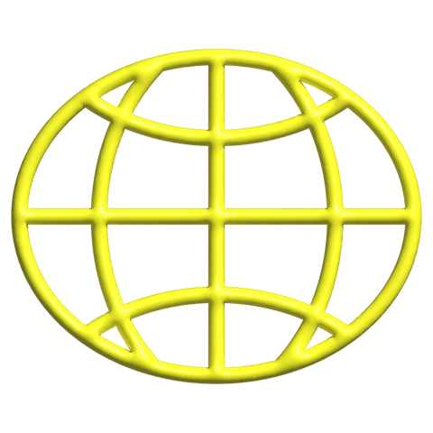 Transparent yellow 3d wireframe globe floating showing tubular outer ring glossy plastic grid