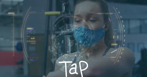 Data Interface over Masked Woman in Futuristic Exercise Setting