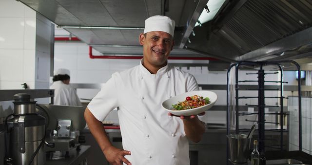 Portrait of biracial male chef presenting dish and looking at camera. Working in a busy restaurant kitchen.