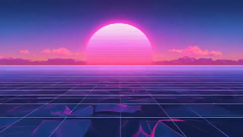 Neon Sun Rising Over Retro Grid While Horizontal Scanlines Pulse and Mesh Ripples