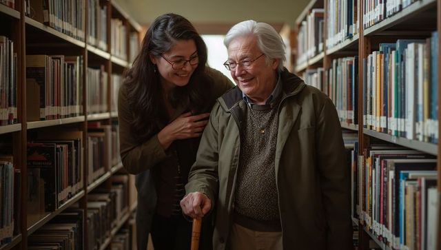 Intergenerational companion walking library aisle helping senior with cane while smiling