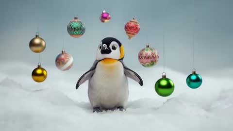 Penguin Chick Reacting to Breeze with Swirling Holiday Baubles on Snowy Studio Stage
