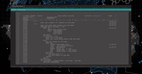 Retro Mainframe Terminal Displaying Code and Line Numbers on Cyber Monitoring Dashboard