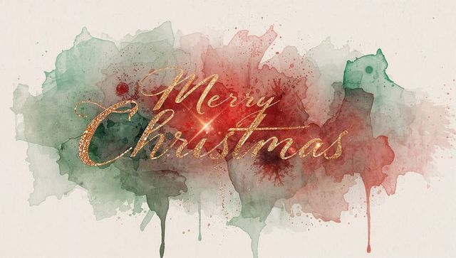 Gold glitter merry christmas calligraphy on red green watercolor wash