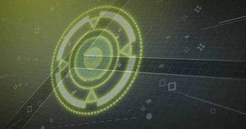 Neon Lime Futuristic HUD Interface Emitting Radial Beams and Scanlines Over Tilted Grid