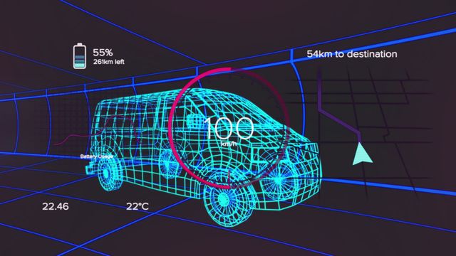 Futuristic animation depicting a 3D van model with overlaid digital data including speedometer, battery levels, and navigation details, set against a tunnel background. This concept can be used in presentations or promotions related to vehicle technology, engineering advancements, or transportation innovations.