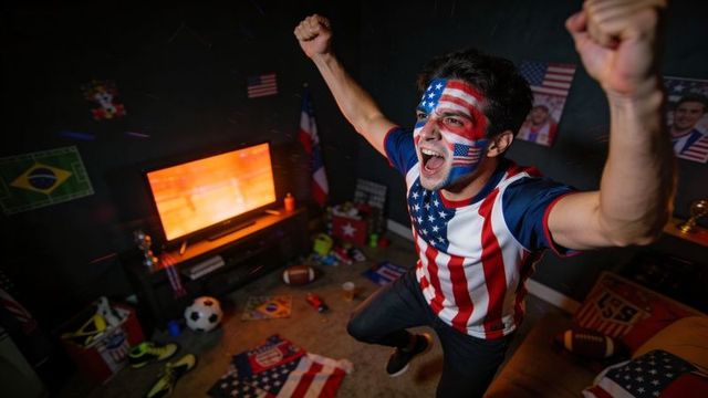 Jumping male fan wearing us face paint and striped jersey cheering in tv-lit fan cave
