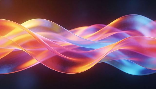 Luminous Neon Wave Ribbons With Translucent Gradient Flow and Glowing Particle Dust