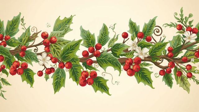 Festive Holly Garland Border with Red Berries and White Blossoms on Cream Background