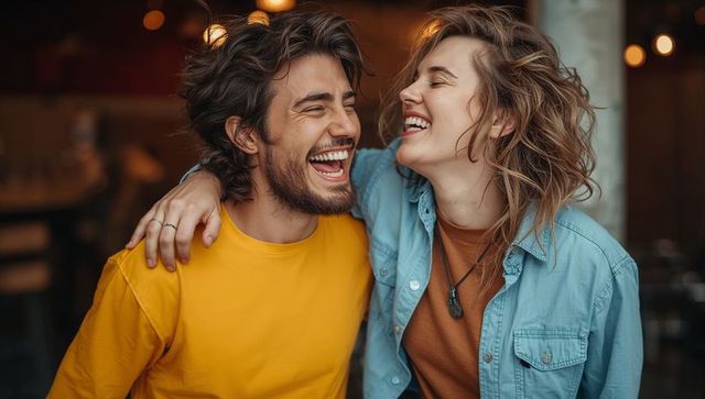 Laughing young couple sharing warm embrace in cozy coffeehouse moment