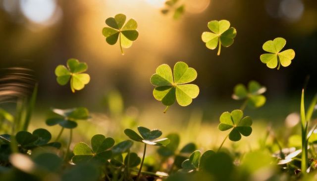 Sunlit floating clover leaves backlit meadow with macro golden bokeh and warm glow