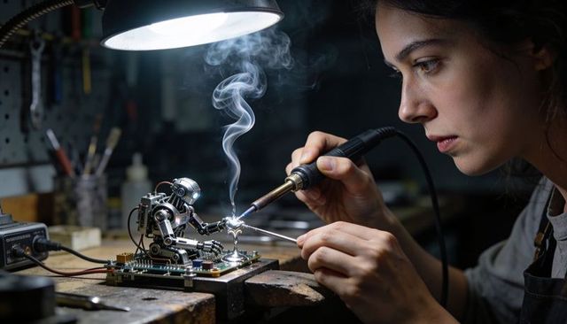 Female Technician Performing Precision Soldering on Tiny Robot Circuit Board at Workshop Bench