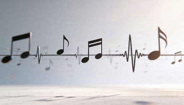Floating musical notes and heartbeat waveform merging sound visualization with abstract rhythm and h