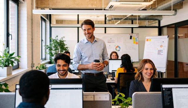 Smiling manager leading collaborative open office team holding coffee cup, guiding staff